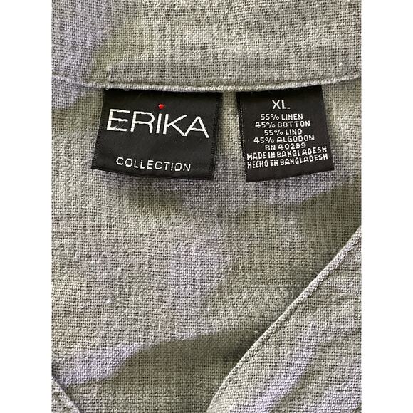 Erika Collection 90s Grey Linen Cotton Floral Hem Button Front Top XL - Picture 2 of 8